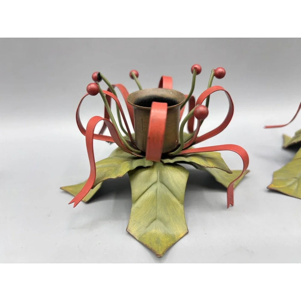 Vintage Metal Holly‎ Berry Christmas Candle Holders Set of 2 Red Green Holiday